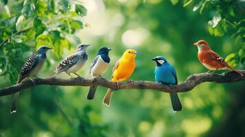 49201489-colore-des-oiseaux-perche-sur-une-branche-dans-une-luxuriant-vert-foret-pendant-lumiere-du-jour-photo